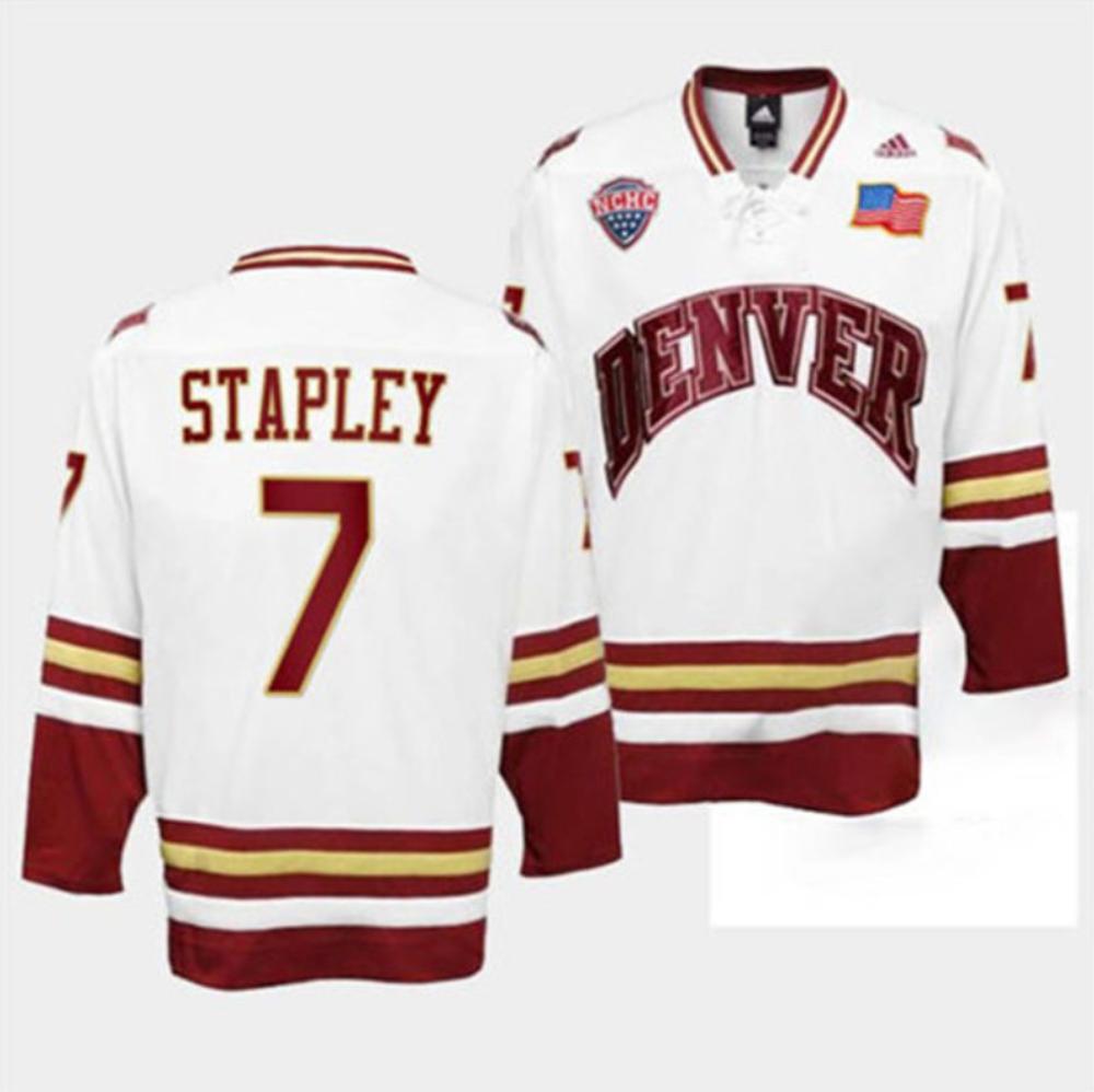 Men's Denver Pioneers #7 B. Stapley Wright College Hockey Stitched White Jersey