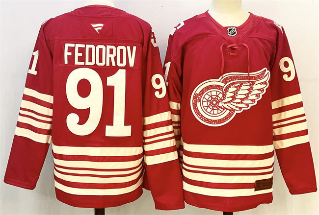 Men's Detroit Red Wings #91 Sergei Fedorov Jersey Red 2025-26 Centennial Premium Stitched