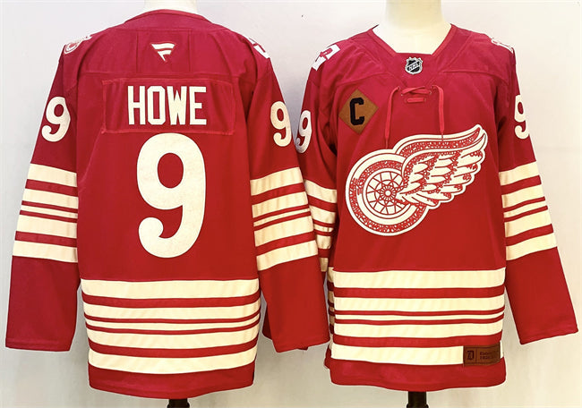 Men's Detroit Red Wings #9 Gordie Howe Jersey Red 2025-26 With C Patch Centennial Premium Stitched