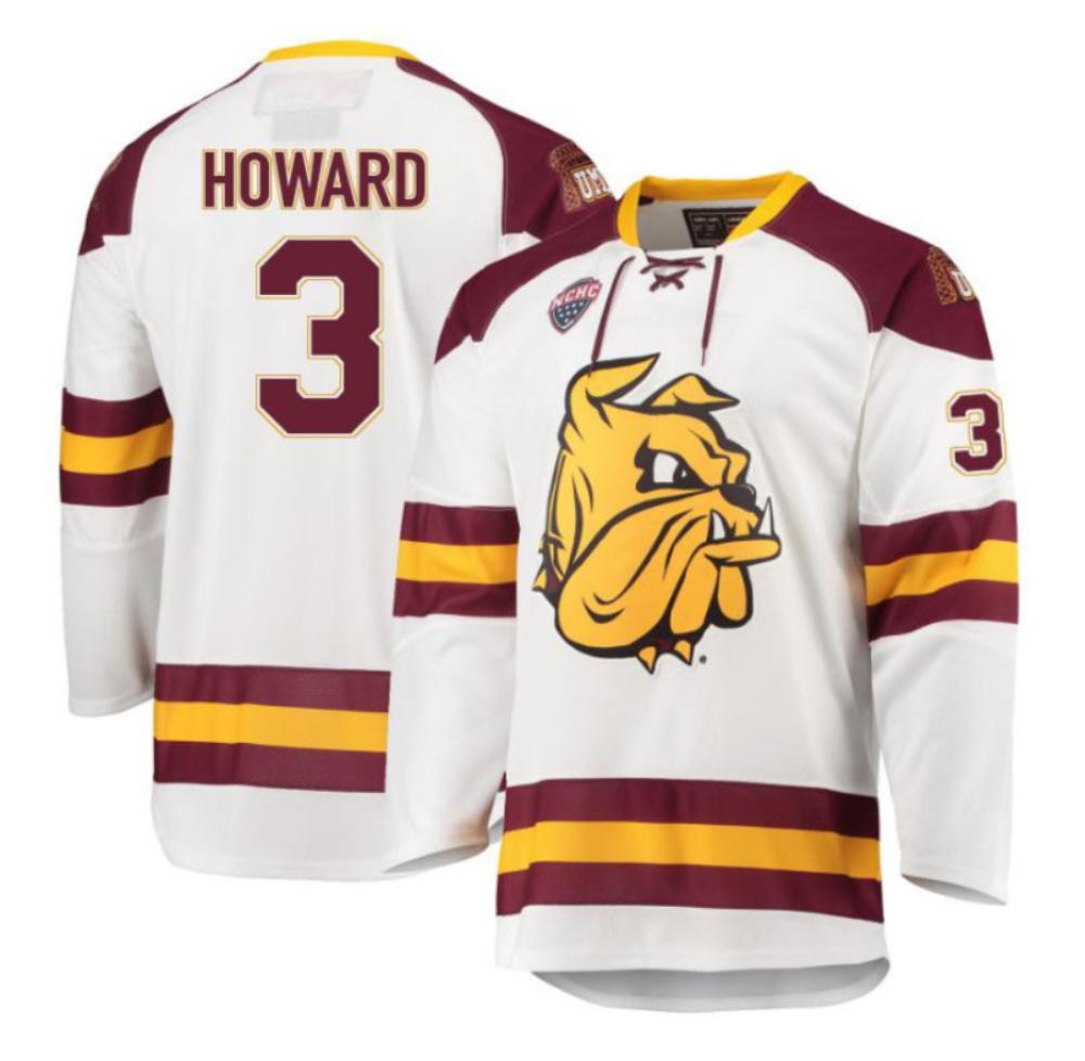 Men's Isaac Howard #3 Minnesota Duluth Bulldogs Hockey All Stitched White Jersey