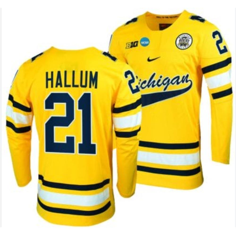 Men's Jackson Hallum #21 Michigan Wolverines College Hockey Stitched Gold Jersey