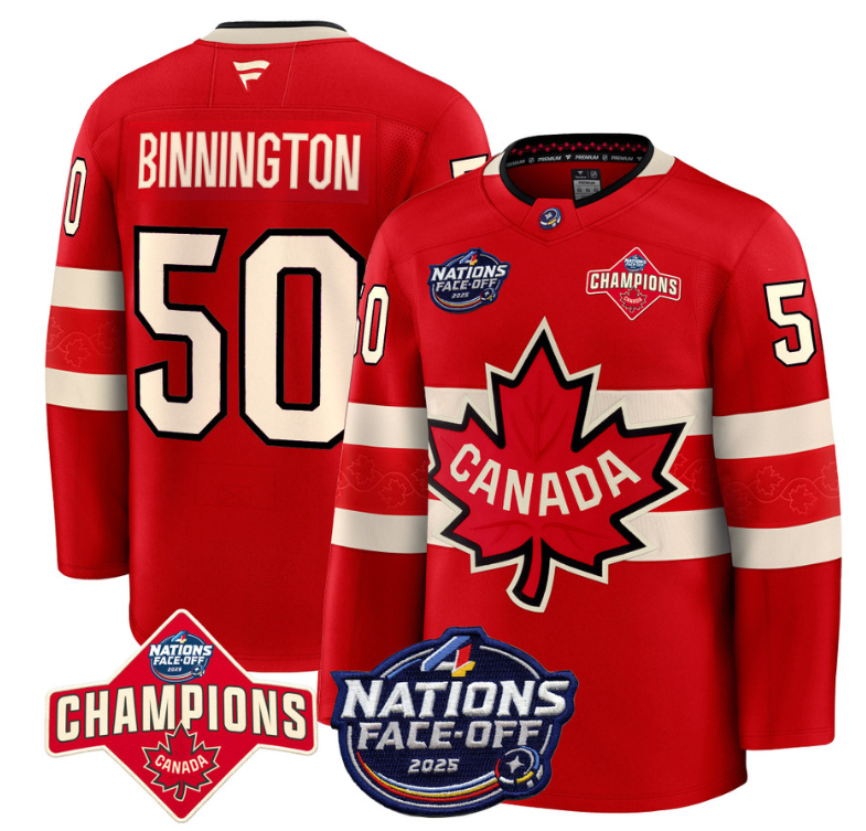 Men's Jordan Binnington Jersey #50 Canada 4 Nations Face-Off 2025 Champions Red