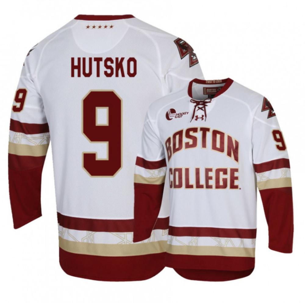 Men's Logan Hutsko #9 Boston College Eagles Hockey All Stitched White Jersey