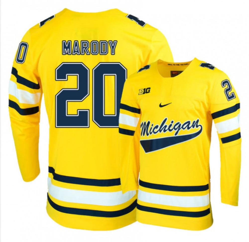 Men's Michigan Wolverines Cooper Marody #20 College Hockey Stitched Gold Jersey