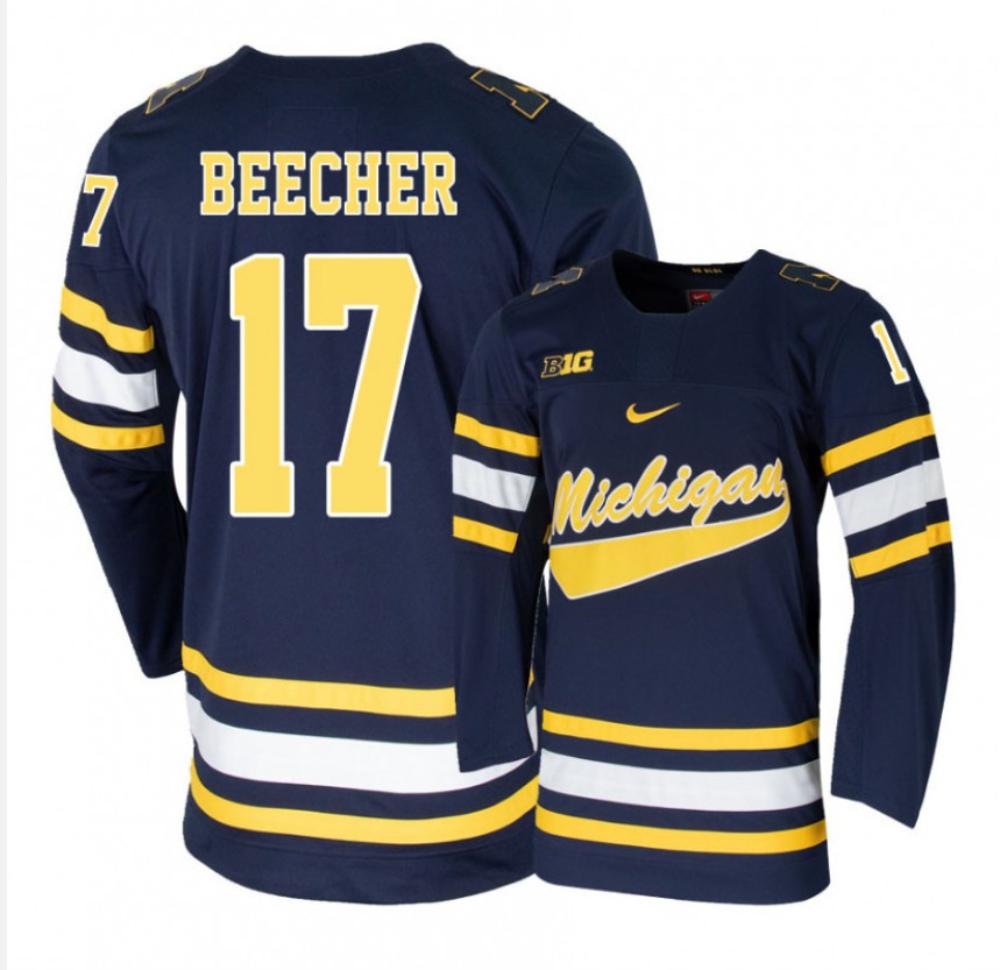 Men's Michigan Wolverines J. Beecher #17 Colllege Hockey Stitched Navy Jersey
