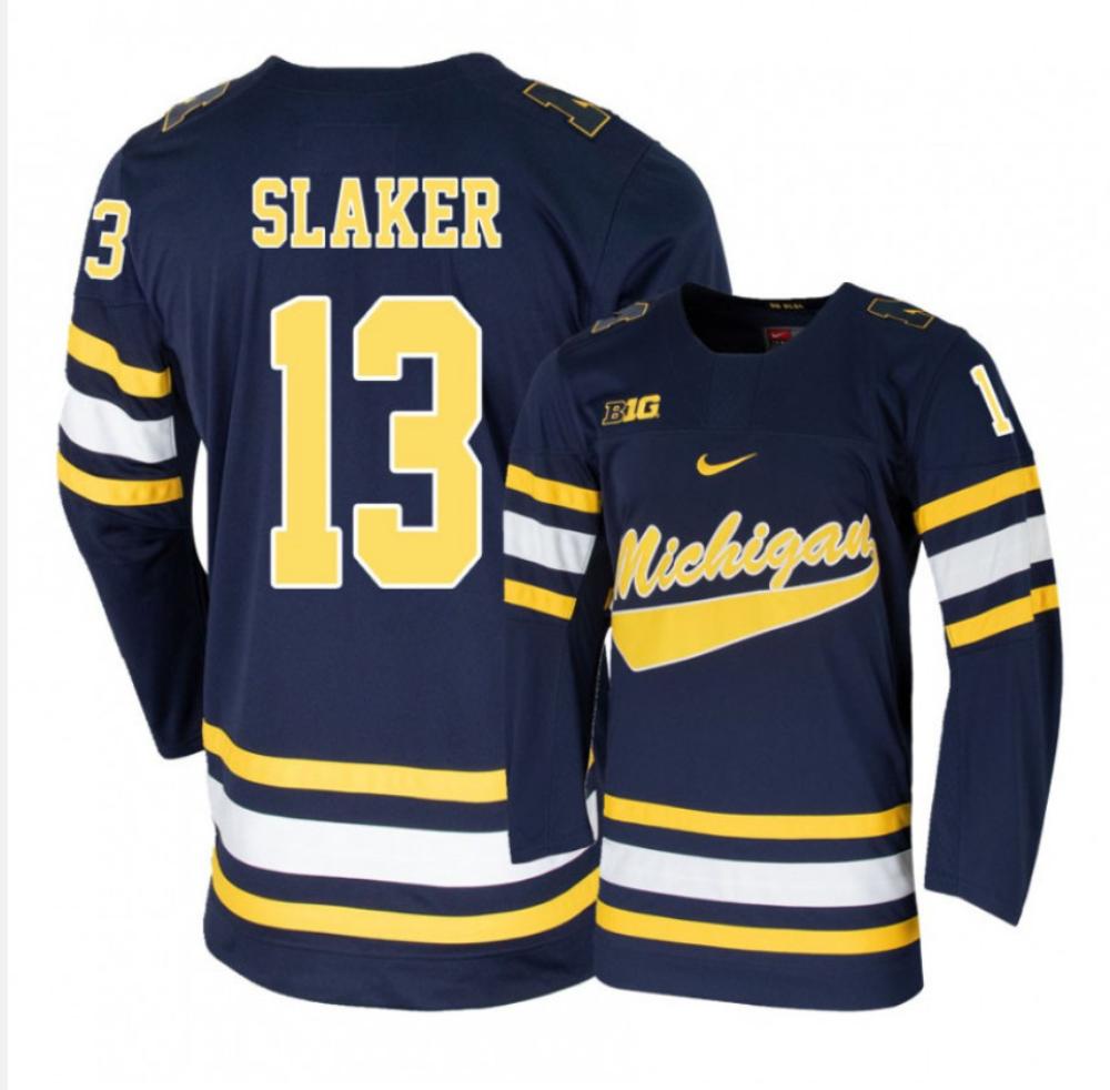 Men's Michigan Wolverines Jake Slaker #13 College Hockey Stitched Navy Jersey
