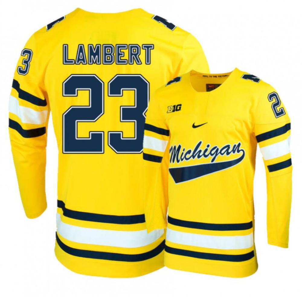 Men's Michigan Wolverines Jimmy Lambert #23 College Hockey Stitched Gold Jersey