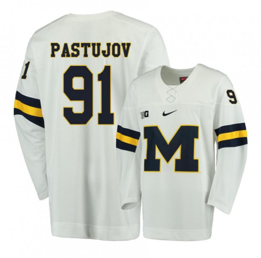Men's Michigan Wolverines Nick Pastujov #91 College Hockey Stitched White Jersey