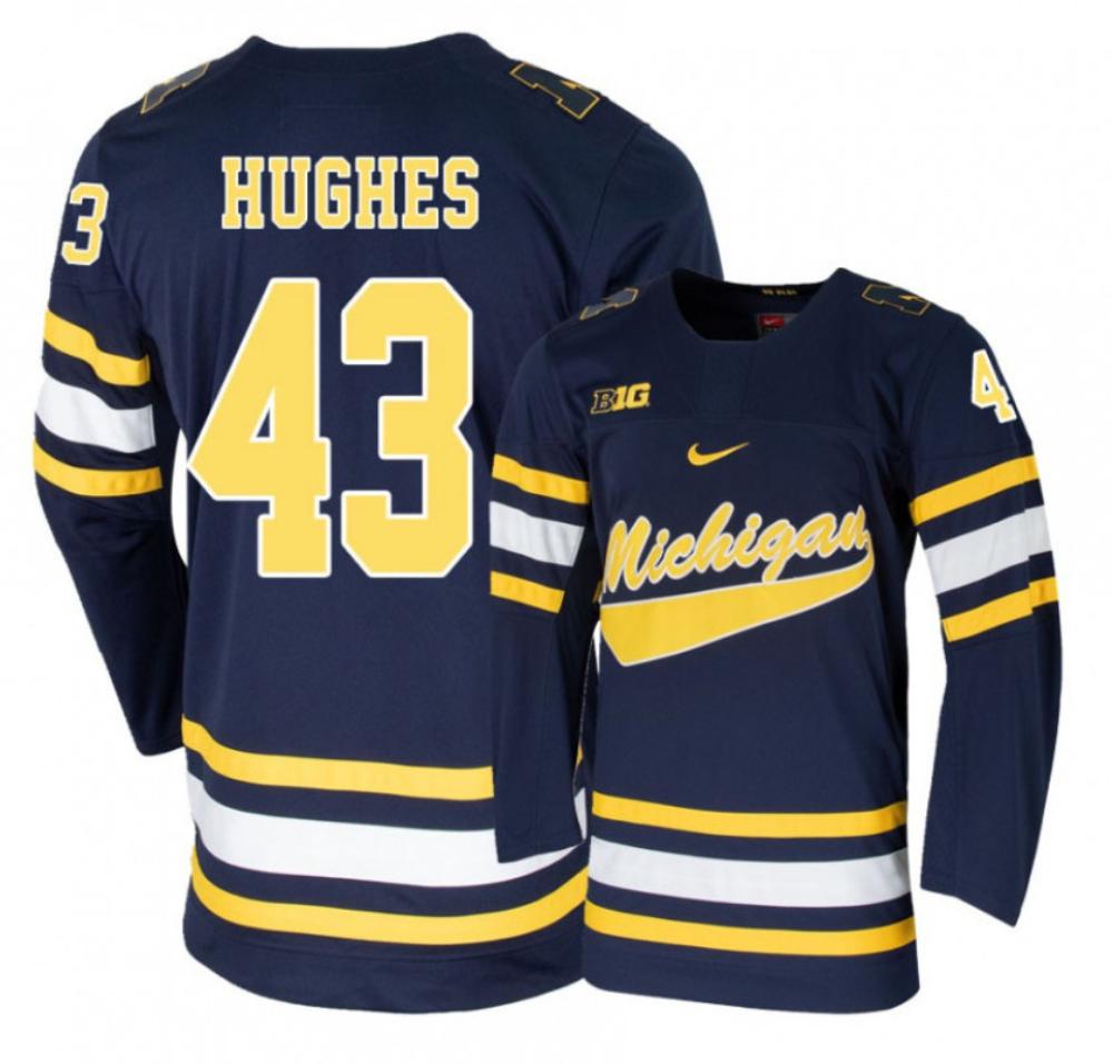 Men's Michigan Wolverines Quinn Hughes #43 College Hockey Stitched Navy Jersey