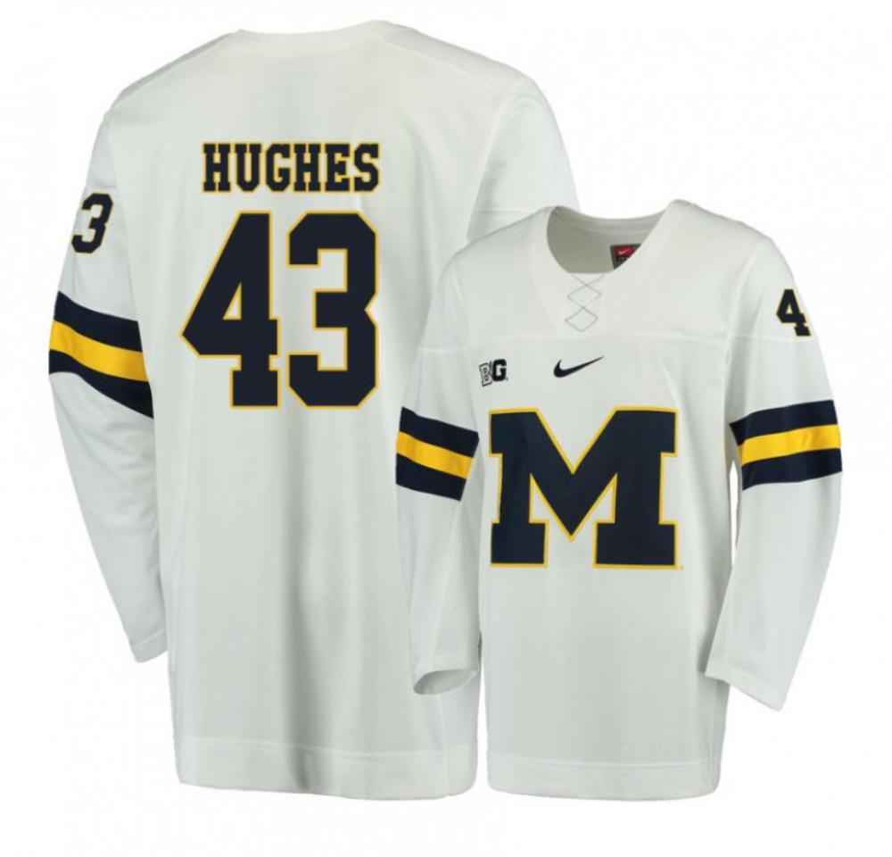 Men's Michigan Wolverines Quinn Hughes #43 College Hockey Stitched White Jersey