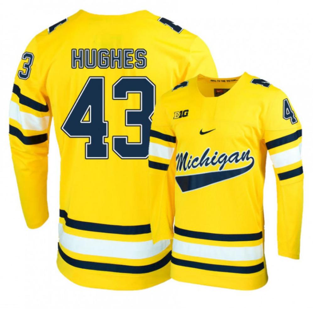 Men's Michigan Wolverines Quinn Hughes #43 NCAA Hockey Stitched Gold Jersey