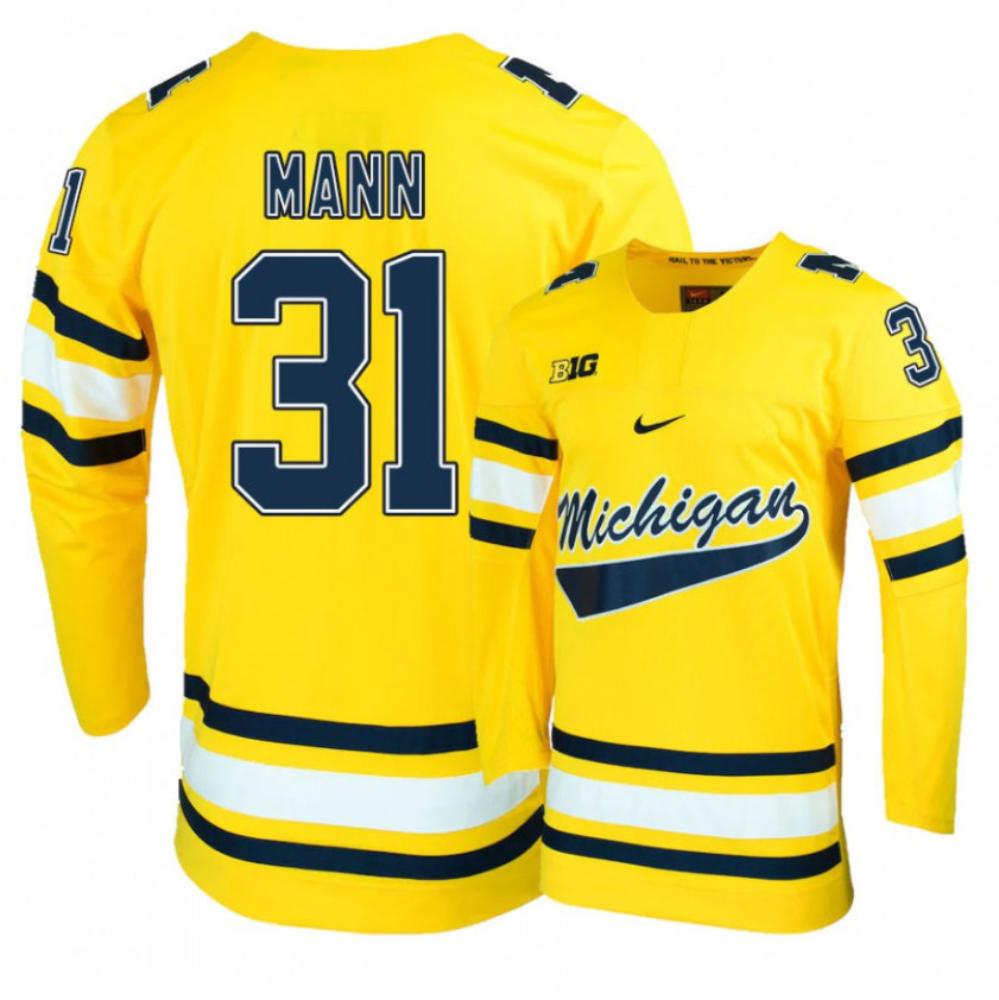 Men's Michigan Wolverines Strauss Mann #31 College Hockey Stitched Gold Jersey