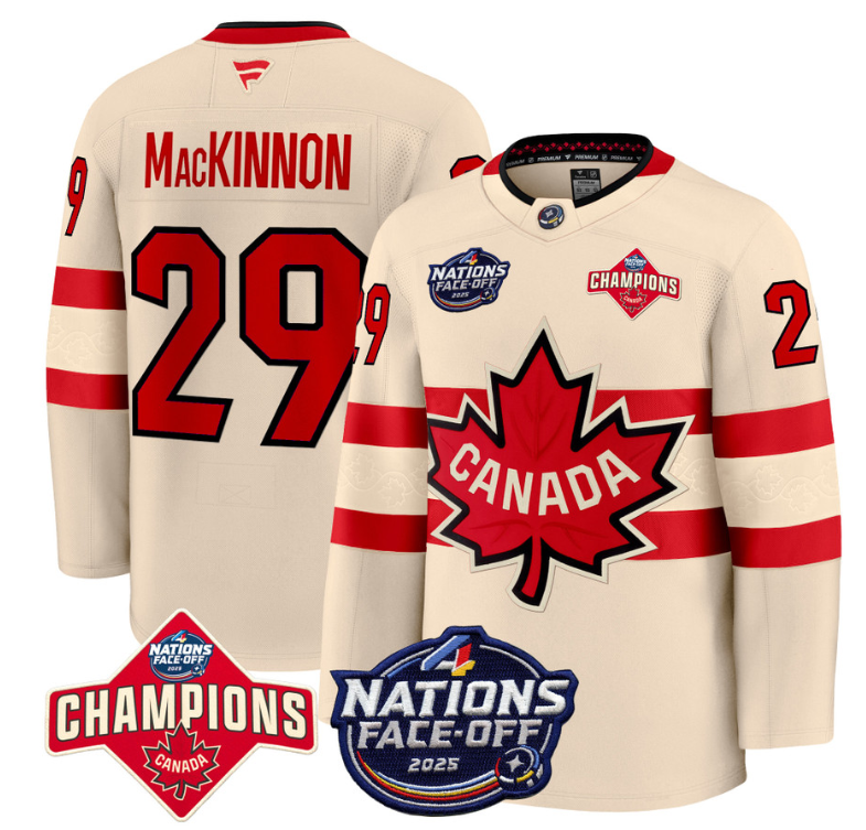 Men's Nathan MacKinnon Jersey #29 Canada 4 Nations Face-Off 2025 Champions Cream