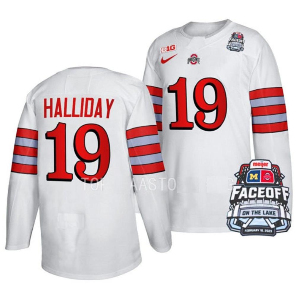 Men's Ohio State Buckeyes #19 S. Halliday College Hockey Stitched White Jersey
