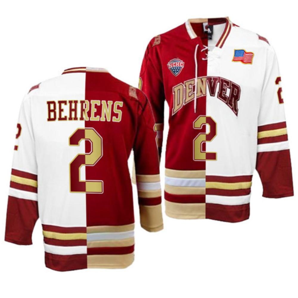 Men's Sean Behrens Jersey #2 Denver Pioneers College Hockey Crimson White Split