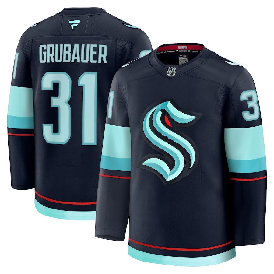 Men's Seattle Kraken #31 Philipp Grubauer Home Premium Jersey Deep Sea Blue
