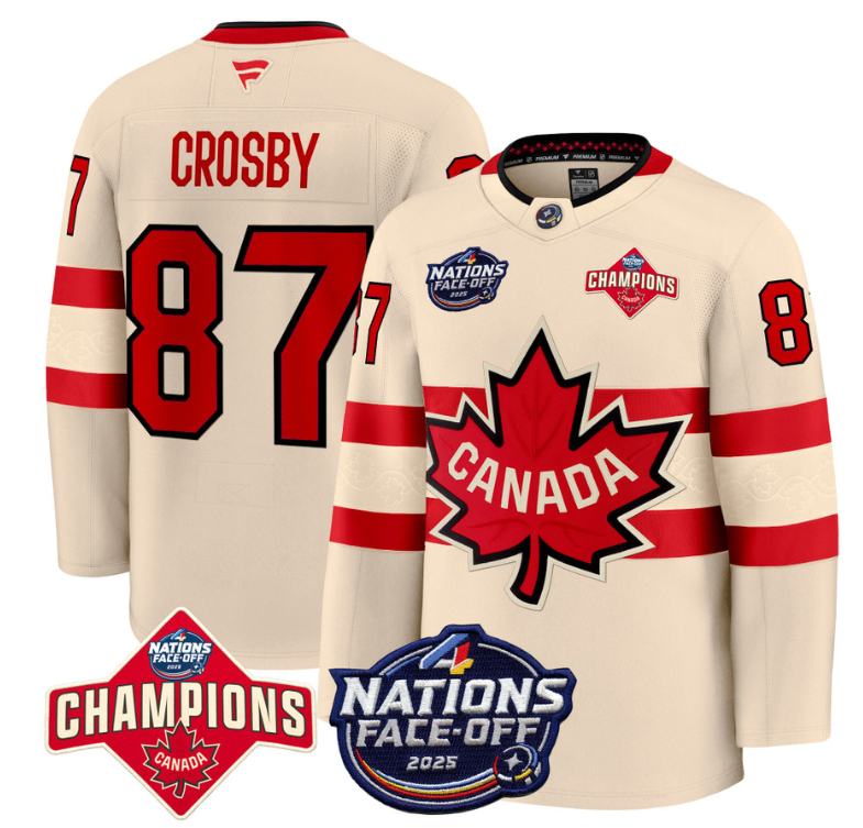 Men's Sidney Crosby Jersey #87 Canada 4 Nations Face-Off 2025 Champions Cream