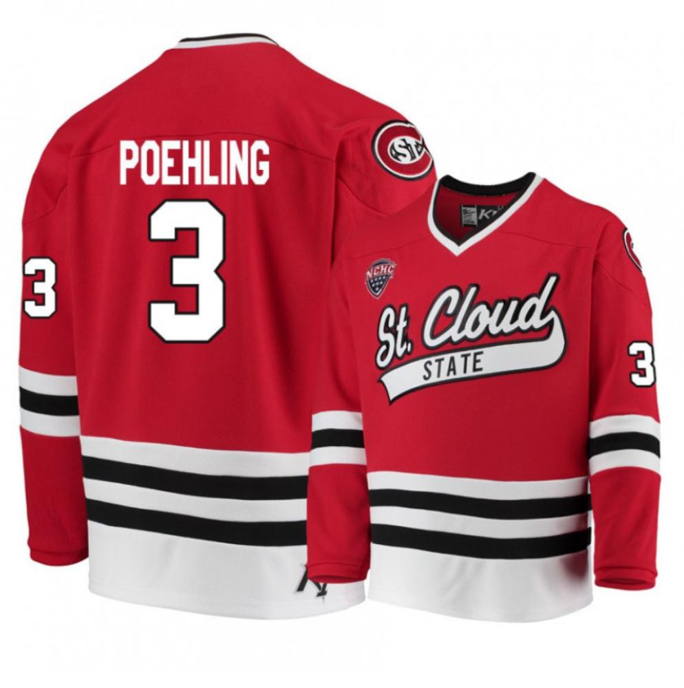 Men's St. Cloud State Huskies #3 Jack Poehling Hockey All Stitched Red Jersey