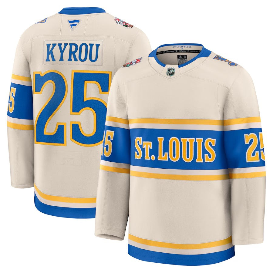 Men's St. Louis Blues #25 Jordan Kyrou 2025 NHL Winter Classic Premium Cream Jersey