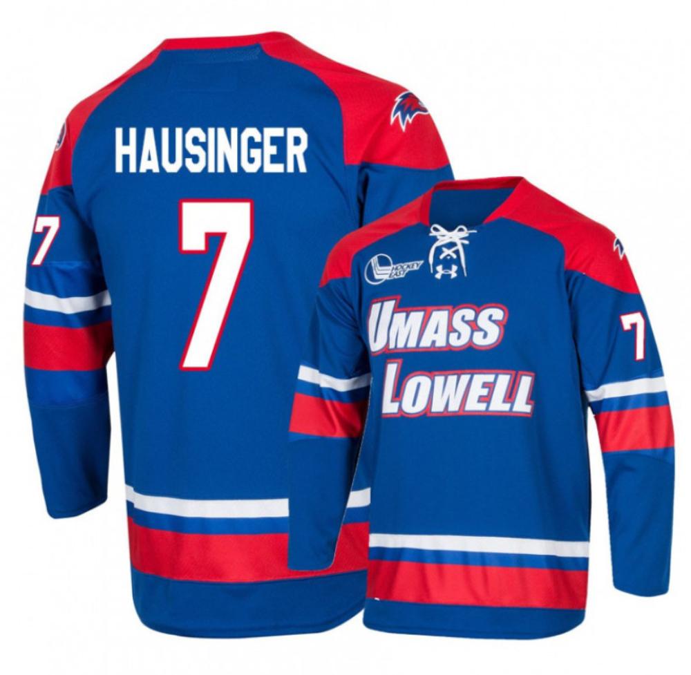 Men's UMass Lowell River Hawks #7 Kenny Hausinger College Hockey Blue Jersey