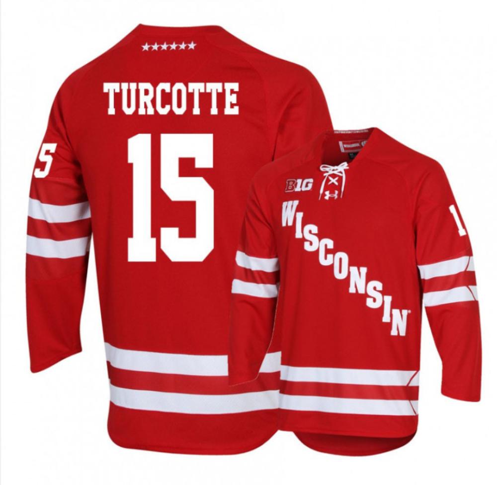 Men's Wisconsin Badgers #15 Alex Turcotte College Hockey All Stitched Red Jersey