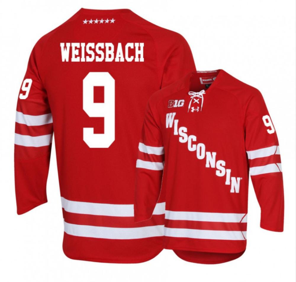 Men's Wisconsin Badgers #9 Linus Weissbach College Hockey Stitched Red Jersey
