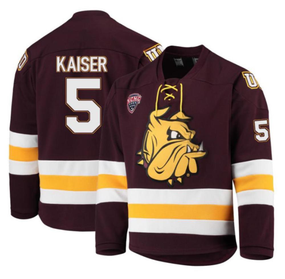 Men's Wyatt Kaiser #5 Minnesota Duluth Bulldogs Hockey Stitched Maroon Jersey
