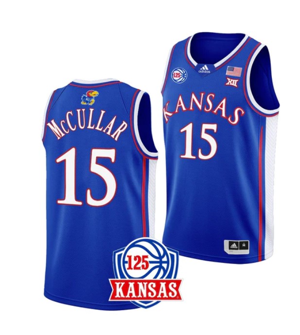 Men's #15 Kevin McCullar Jr Jersey Kansas Jayhawks College Basketball Jerseys Blue