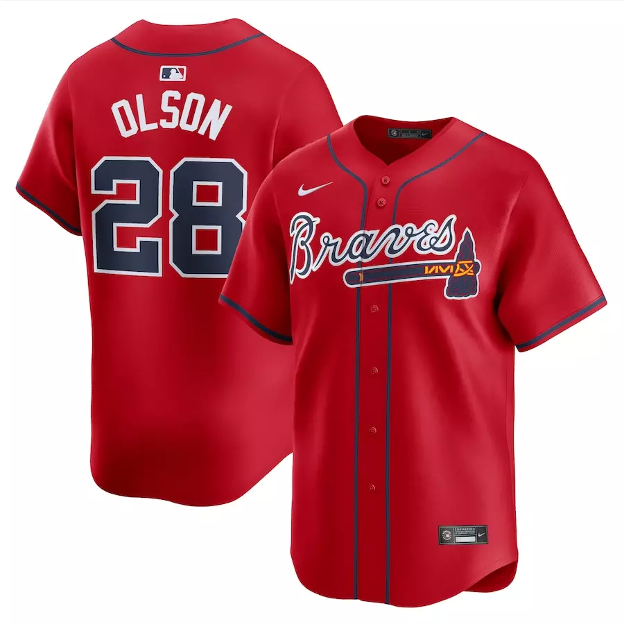 Men's #28 Matt Olson Limited Player All Stitched Jersey Red