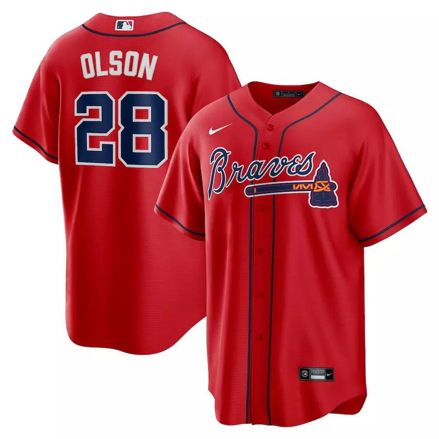 Men's #28 Matt Olson Replica Player All Stitched Jersey Red
