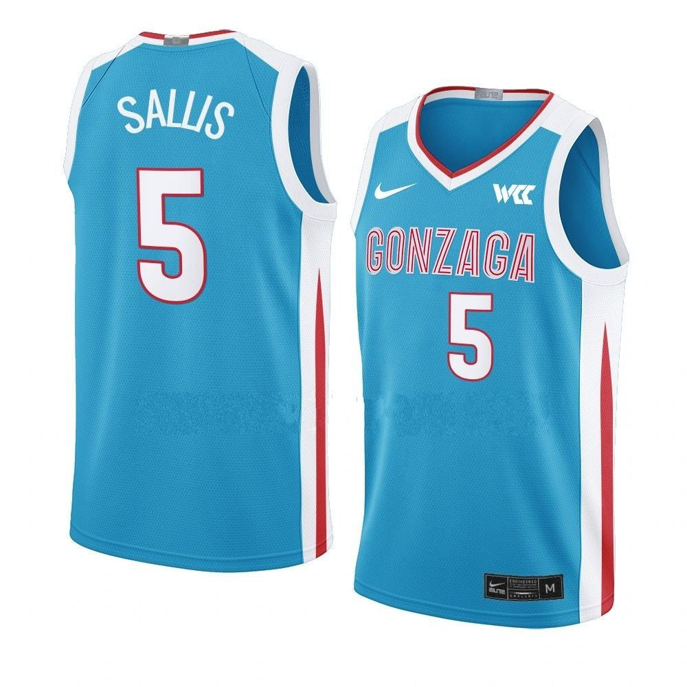 Men's #5 Hunter Sallis Jersey Gonzaga Bulldogs College Basketball Jerseys Blue