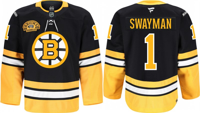 Men's boston bruins #1 jeremy swayman black 100th anniversary stitched hockey
