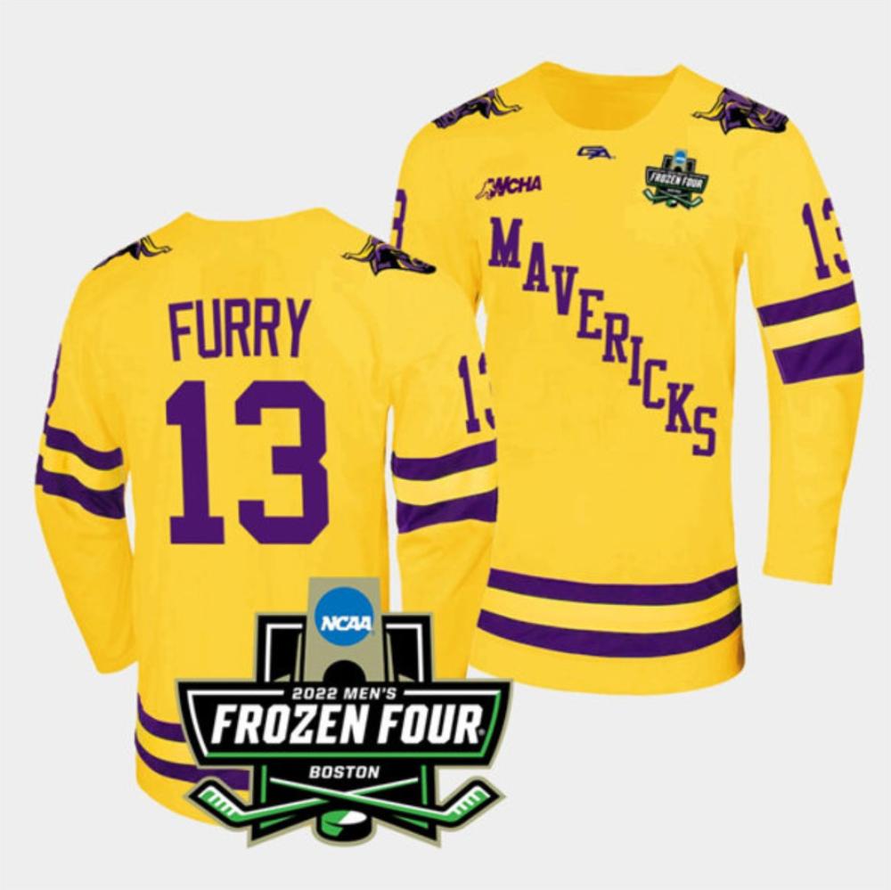 Mens Massachusetts Minutemen #13 Brendan Furry College Hockey Jersey Gold