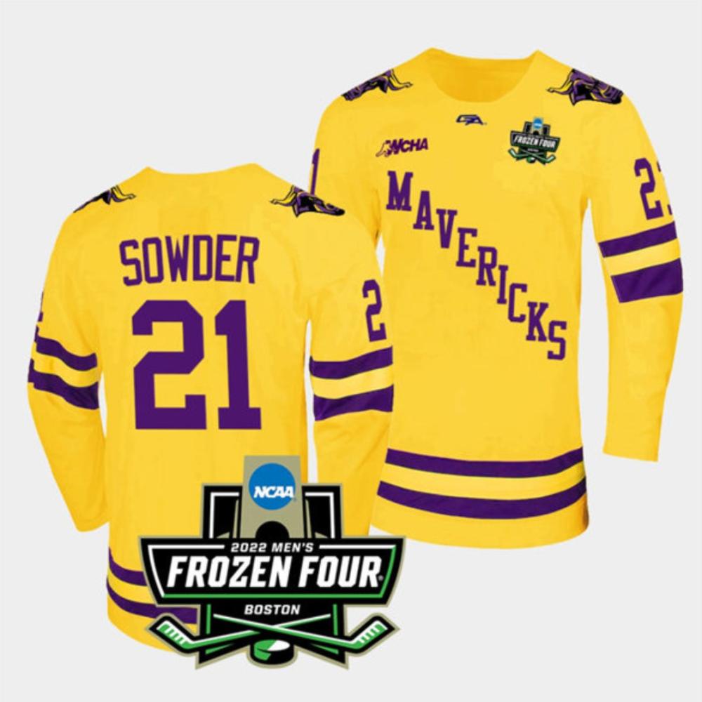 Mens Massachusetts Minutemen #21 Lucas Sowder College Hockey Jersey Gold