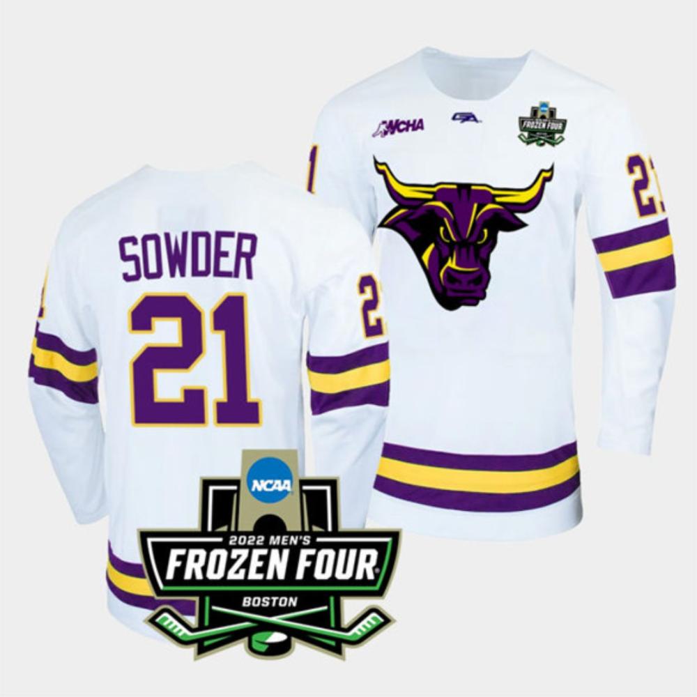 Mens Massachusetts Minutemen #21 Lucas Sowder College Hockey Jersey White