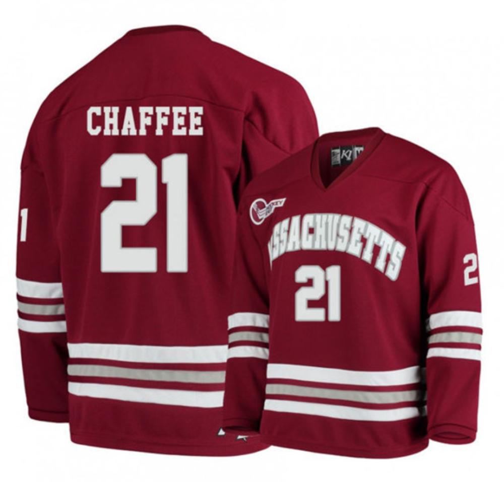 Mens Massachusetts Minutemen #21 Mitchell Chaffee College Hockey Jersey Maroon