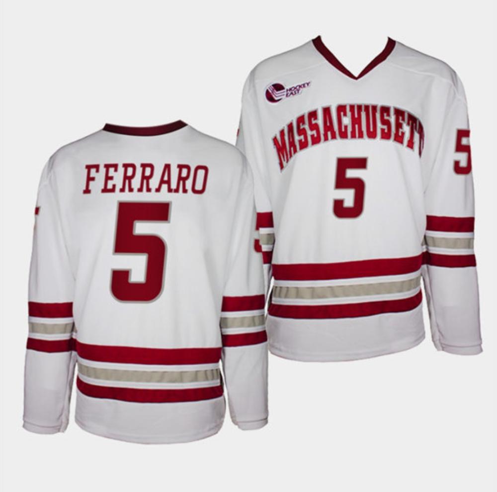 Mens Massachusetts Minutemen #5 Mario Ferraro College Hockey Jersey White
