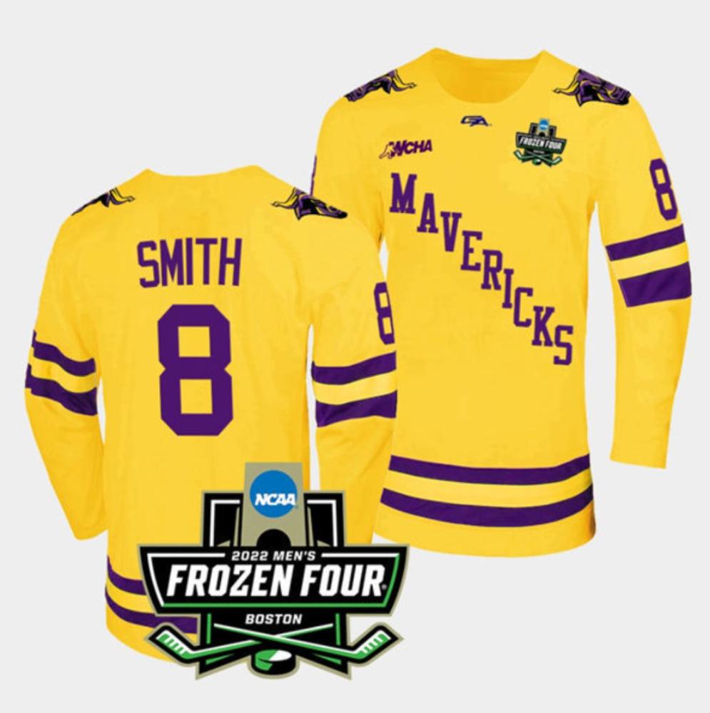 Mens Massachusetts Minutemen #8 Nathan Smith College Hockey Jersey Gold