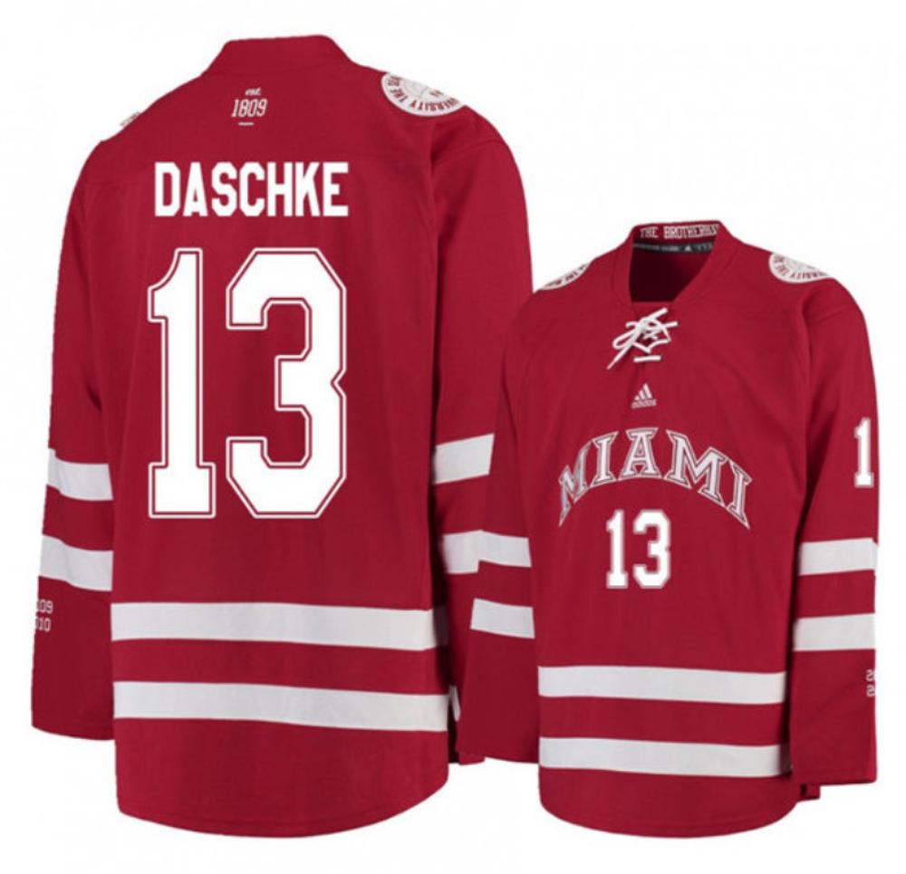 Mens Miami University RedHawks #13 Derek Daschke Red College Hockey Jersey