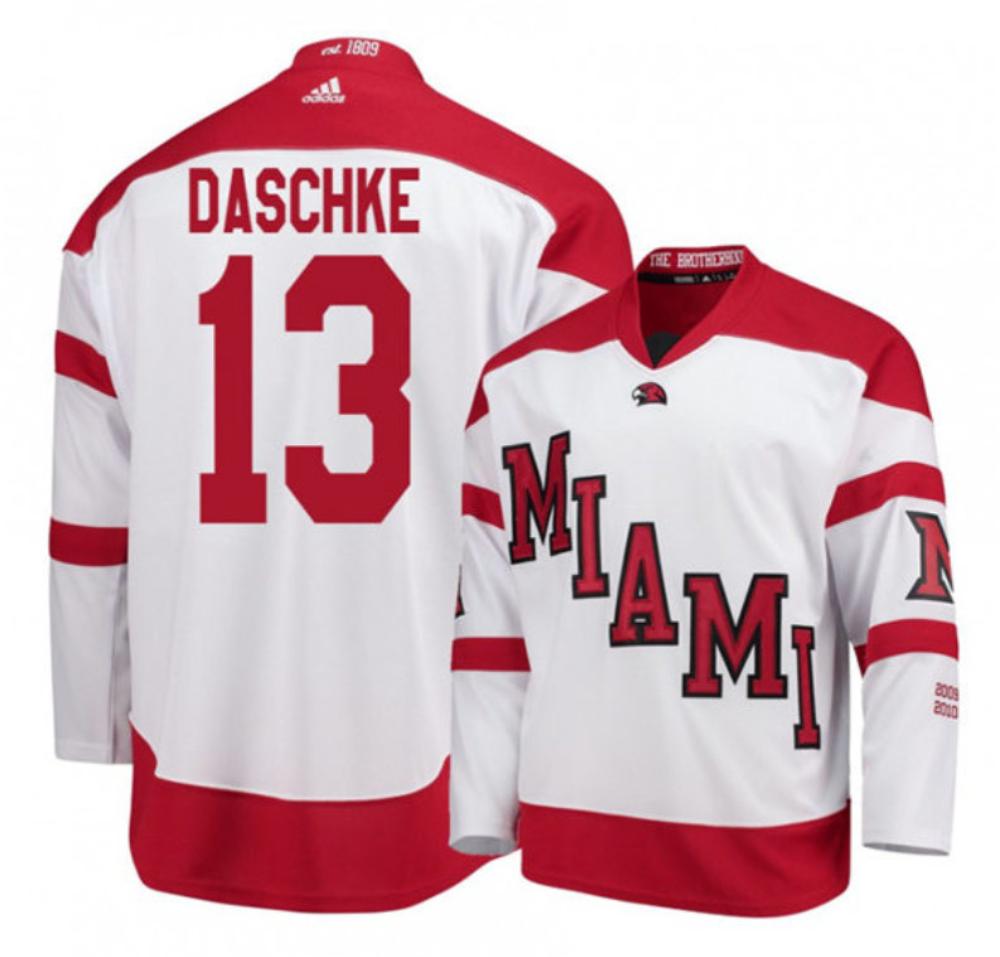 Mens Miami University RedHawks #13 Derek Daschke White College Hockey Jersey