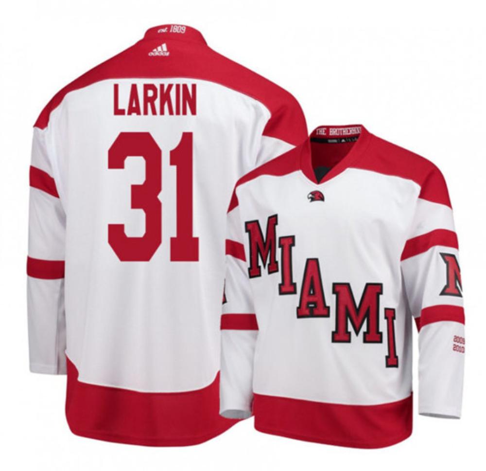 Mens Miami University RedHawks #31 Ryan Larkin White College Hockey Jersey
