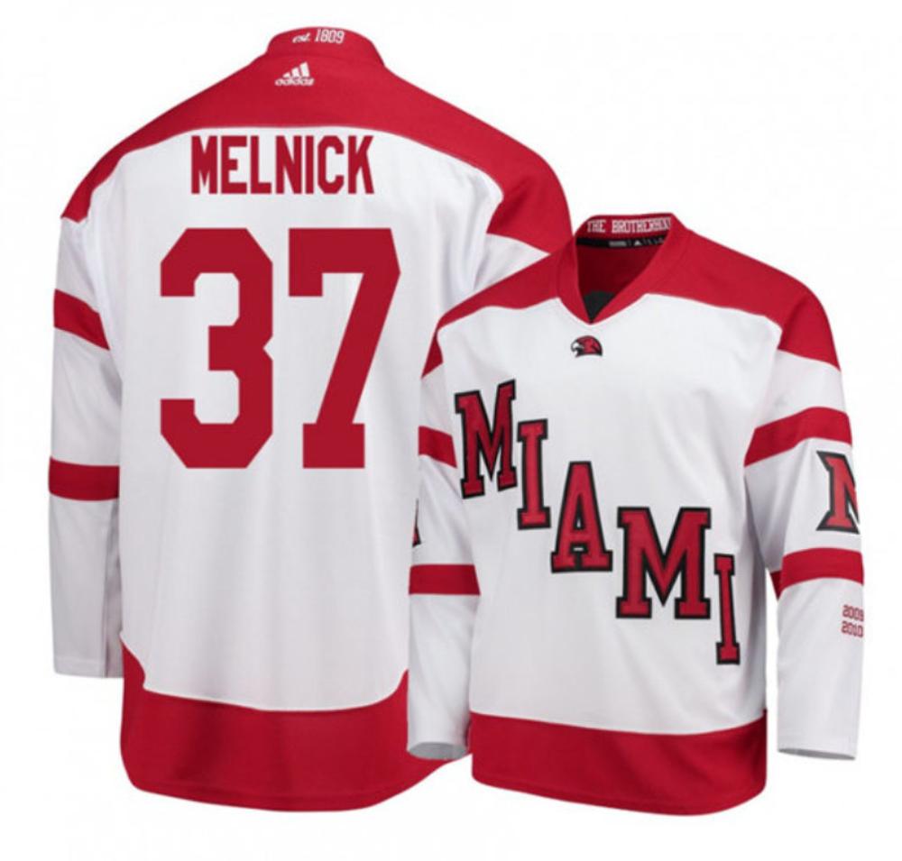 Mens Miami University RedHawks #37 Josh Melnick White College Hockey Jersey