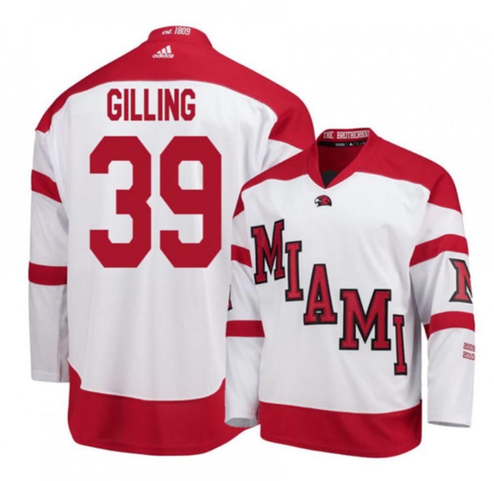 Mens Miami University RedHawks #39 Casey Gilling White College Hockey Jersey
