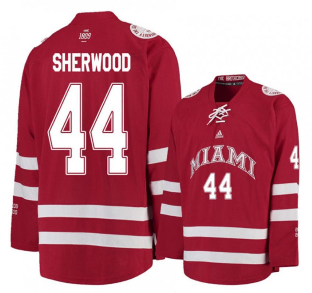 Mens Miami University RedHawks #44 Kiefer Sherwood Red College Hockey Jersey