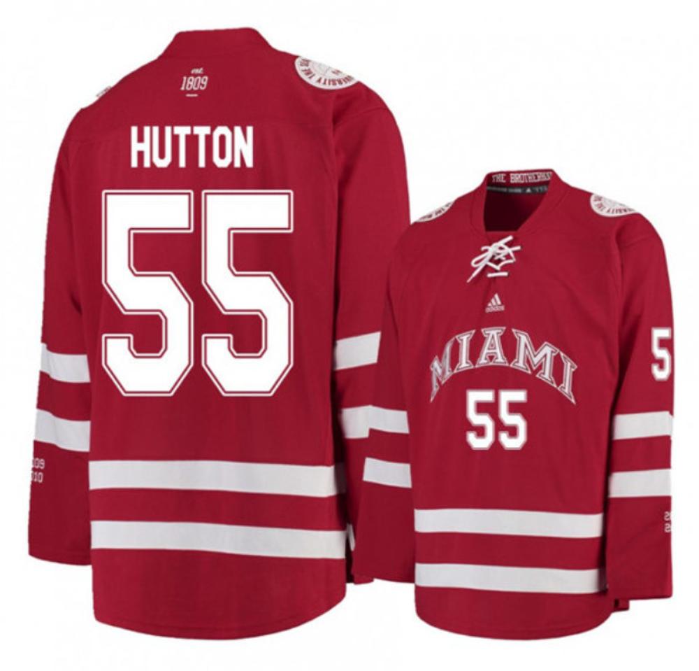 Mens Miami University RedHawks #55 Grant Hutton Red College Hockey Jersey