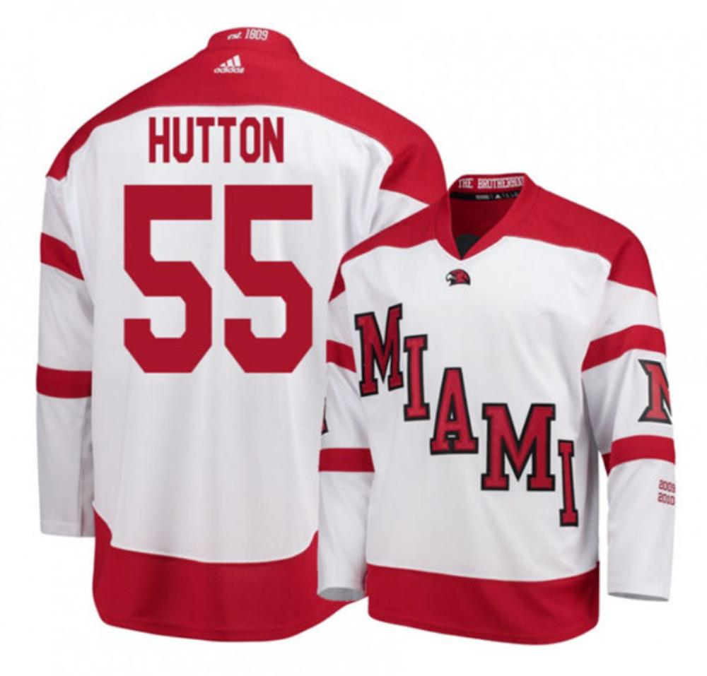 Mens Miami University RedHawks #55 Grant Hutton White College Hockey Jersey