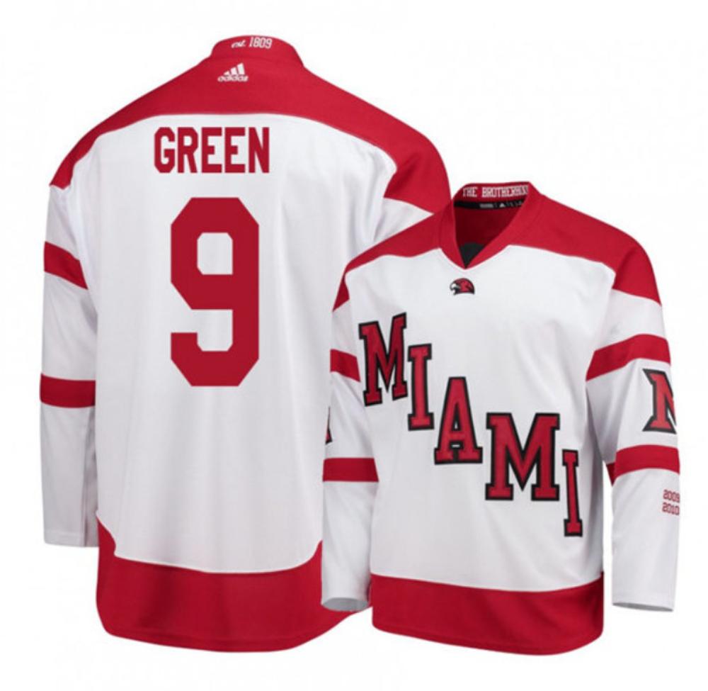 Mens Miami University RedHawks #9 Gordie Green White College Hockey Jersey