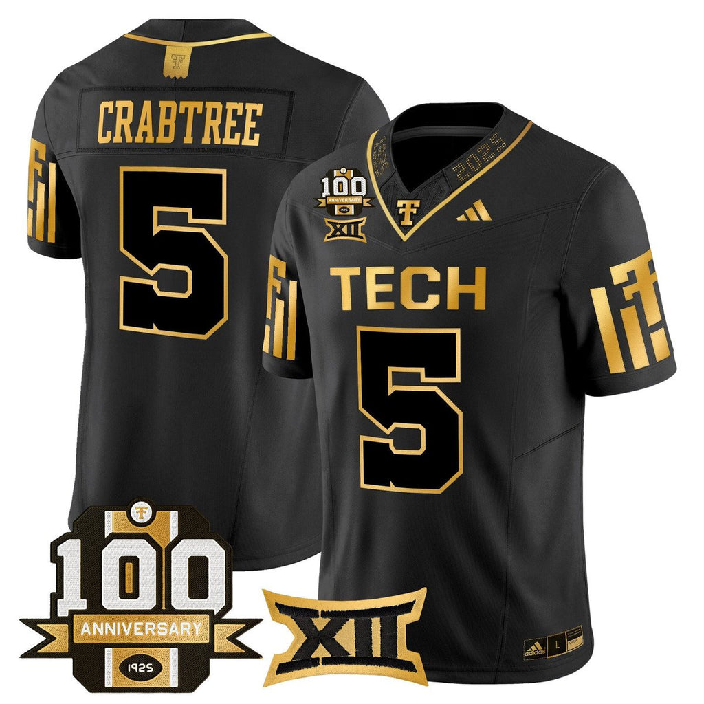 Michael Crabtree Jersey #5 Texas Tech 2025 100th Anniversary Stitched Black Gold