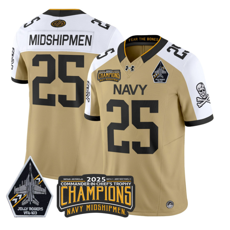 Midshipmen Jersey #25 Navy Midshipmen Jolly Rogers 2025 Trophy Stitched Gold Alternate