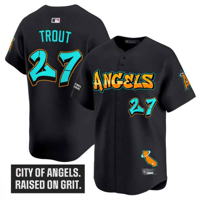 Mike Trout Jersey #27 Los Angeles Angels Graffiti Halo Drop Edition Black